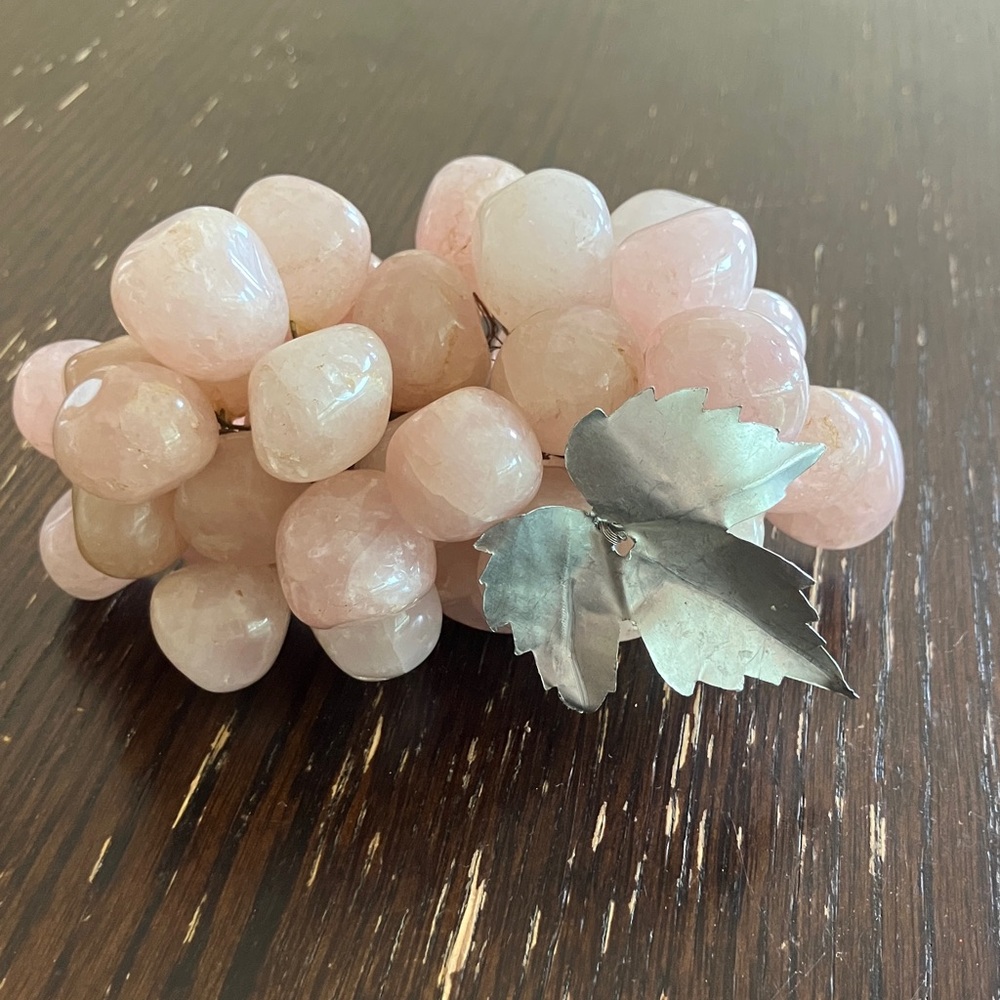 Vintage Nautral Rose Quartz Stone Grapes with Silver Leaves Italy 6”
